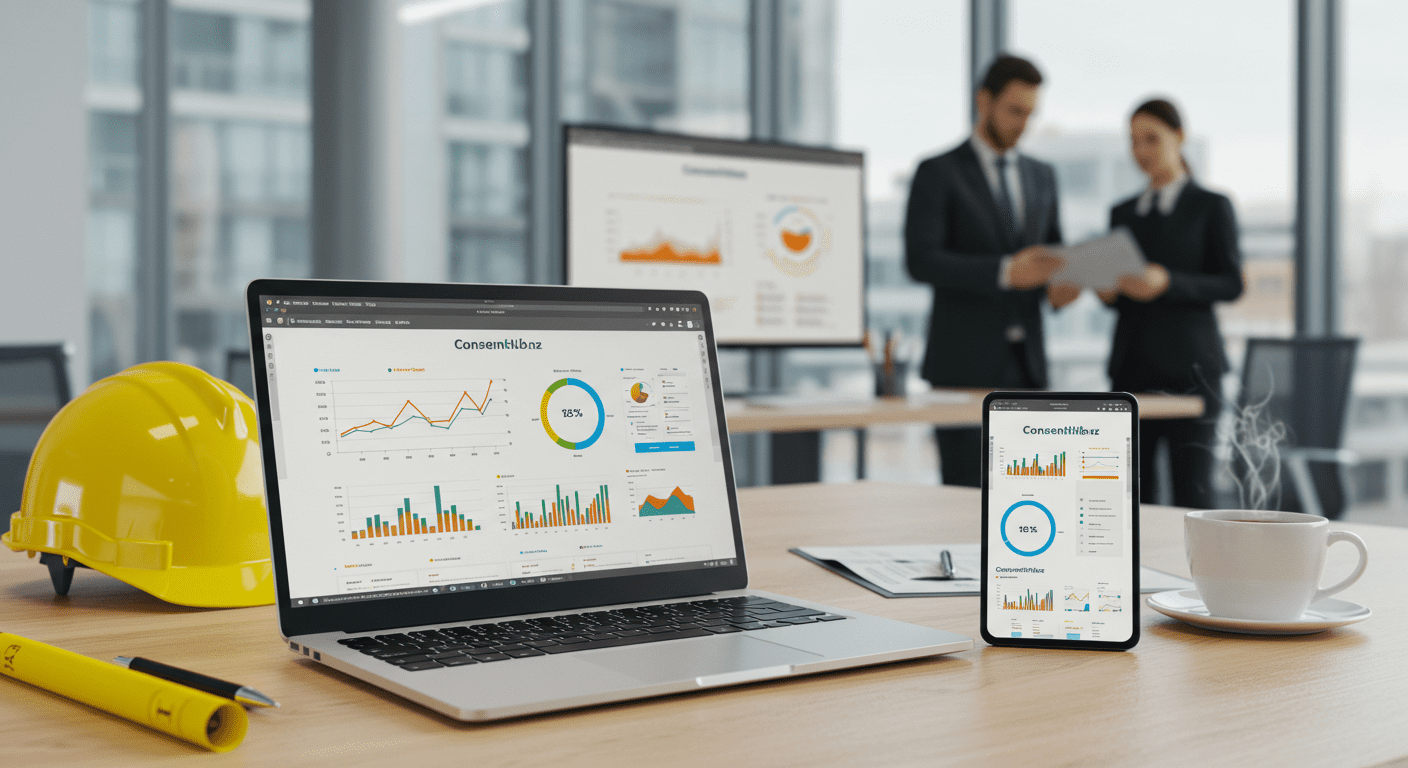 Man and woman checking consents on site